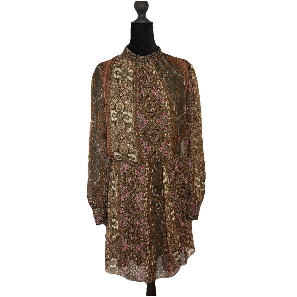 ZARA Paisley PRINTED METALLIC THREAD Mini DRESS Balloon Sleeve Sheer Olive Sz L